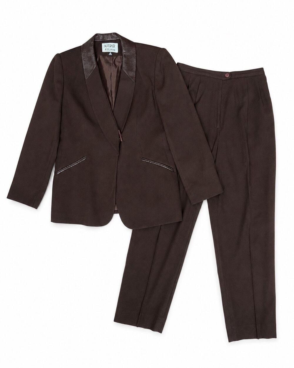 Vintage Kasper ASL Petite Brown Pant Suit 6P 90s Leather Trim Y2K 2 Piece Set